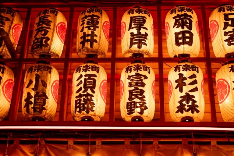 Illuminated traditional Japanese lanterns in a Tokyo shrine at night, showcasing cultural heritage.