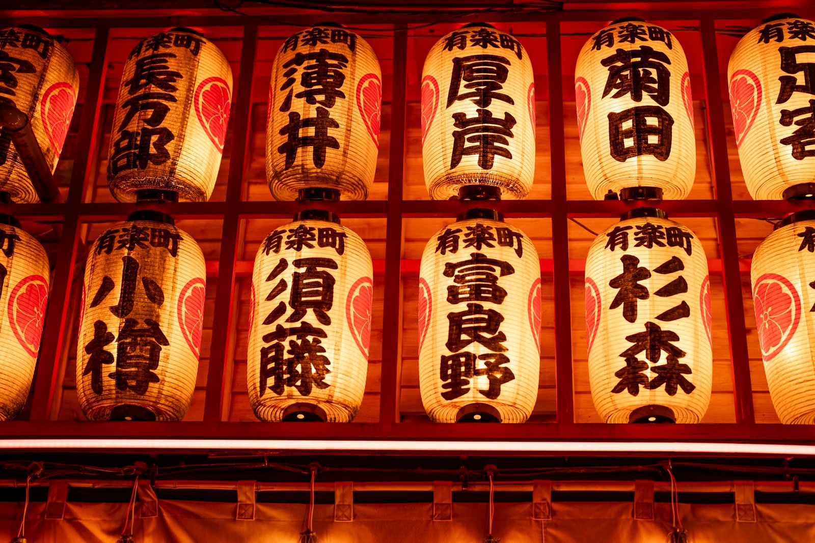 Illuminated traditional Japanese lanterns in a Tokyo shrine at night, showcasing cultural heritage.